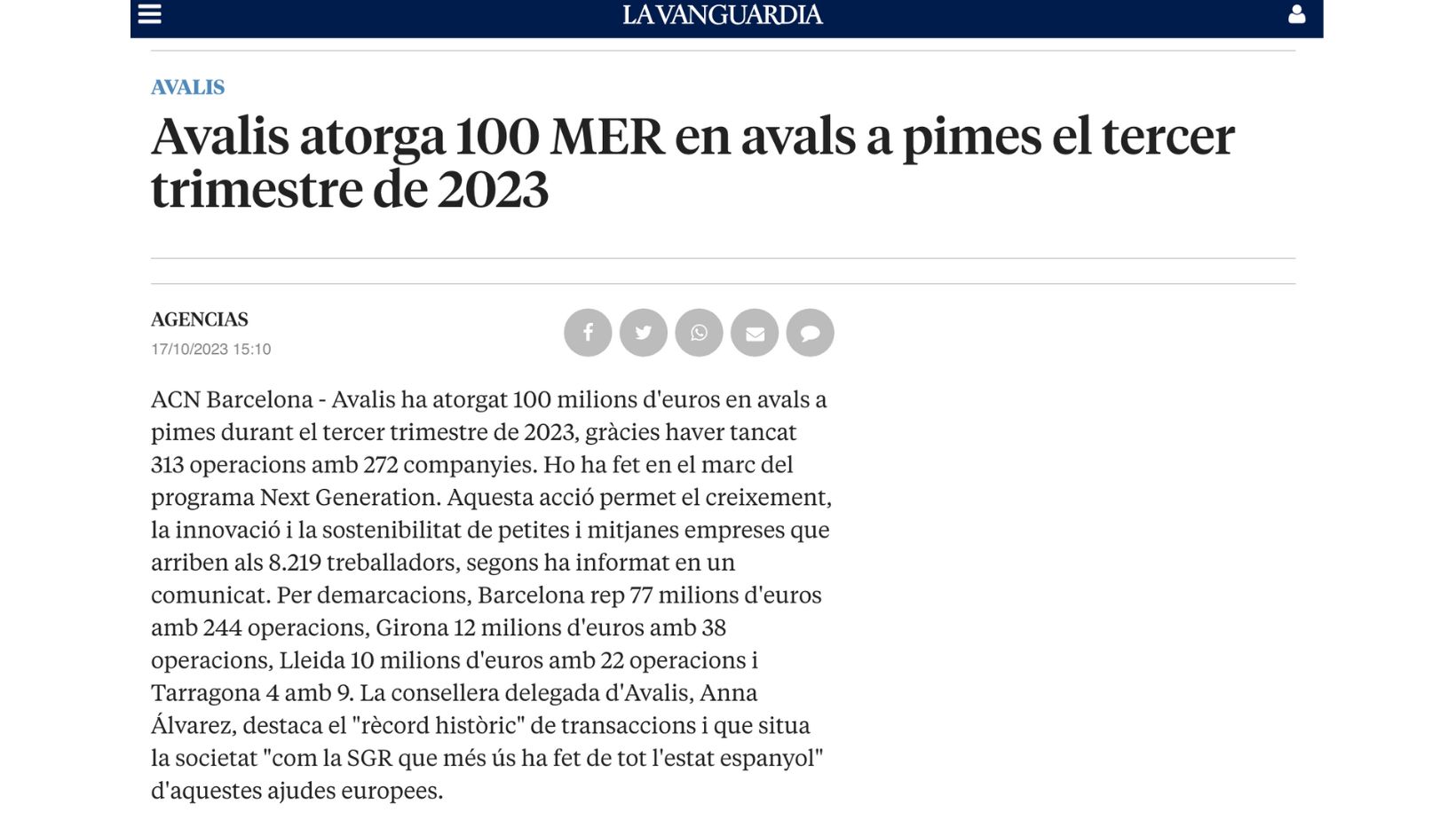 imagen de  La Vanguardia publica la información sobre los avales otorgados por Avalis a pimes en el marco del PAEI-Next Generation